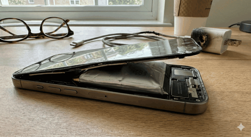 螢幕翹起、背蓋縫隙變大與異味都是電池膨脹的高風險警訊，代表手機已不適合繼續使用。